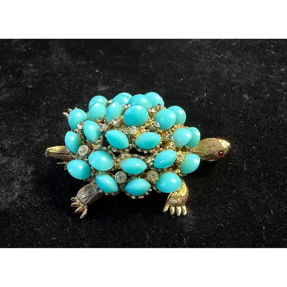 Vintage BSK Gold Tone, Turquoise, Cabochon Rhinestone Turtle Brooch Pin, Signed